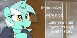 Size: 2000x1000 | Tagged: safe, artist:datte-before-dawn, derpibooru import, lyra heartstrings, pony, unicorn, derpibooru, g4, american psycho, business suit, clothes, female, image, let's see paul allen's card, mare, meme, meta, png, ponified meme, solo, suit