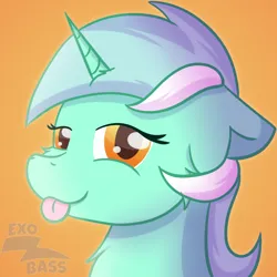 Size: 1000x1000 | Tagged: safe, artist:exobass, derpibooru import, lyra heartstrings, pony, unicorn, g4, :p, bust, female, floppy ears, horn, image, lidded eyes, looking at you, mare, orange background, png, portrait, simple background, smug, solo, tongue out, watermark