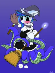 Size: 3000x4000 | Tagged: safe, artist:monycaalot, derpibooru import, oc, oc:maeve seawind, monster pony, octopony, original species, broom, brush, clothes, commission, cute, duster, embarrassed, female, green eyes, hat, image, light skin, looking at you, maid, png, simple background, solo, tentacles, witch, witch hat