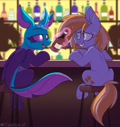 Size: 3086x3274 | Tagged: safe, artist:notetaker, derpibooru import, oc, unofficial characters only, changedling, changeling, earth pony, pony, alcohol, changedling oc, changeling oc, drunk, earth pony oc, high res, image, png, stool