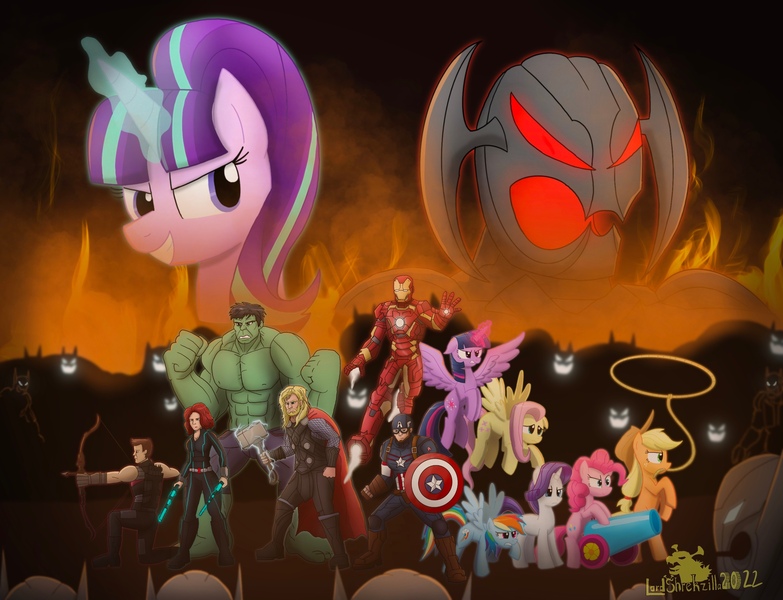 Size: 2732x2094 | Tagged: safe, artist:lordshrekzilla20, derpibooru import, applejack, fluttershy, pinkie pie, rainbow dash, rarity, starlight glimmer, twilight sparkle, twilight sparkle (alicorn), alicorn, earth pony, human, pegasus, pony, robot, unicorn, fanfic, g4, avengers, avengers: age of ultron, black widow (marvel), captain america, crossover, fanfic art, female, hawkeye, high res, image, iron man, jpeg, male, mane six, mare, marvel, marvel cinematic universe, party cannon, s5 starlight, signature, the incredible hulk, thor, ultron