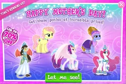 Size: 1035x692 | Tagged: safe, derpibooru import, idw, high tide (g4), princess amore, queen haydon, queen novo, classical hippogriff, earth pony, gargoyle, hippogriff, pony, unicorn, g4, my little pony: the movie, spoiler:comic, advertisement, female, gameloft, idw showified, image, lilac meadow, mare, mother's day, png