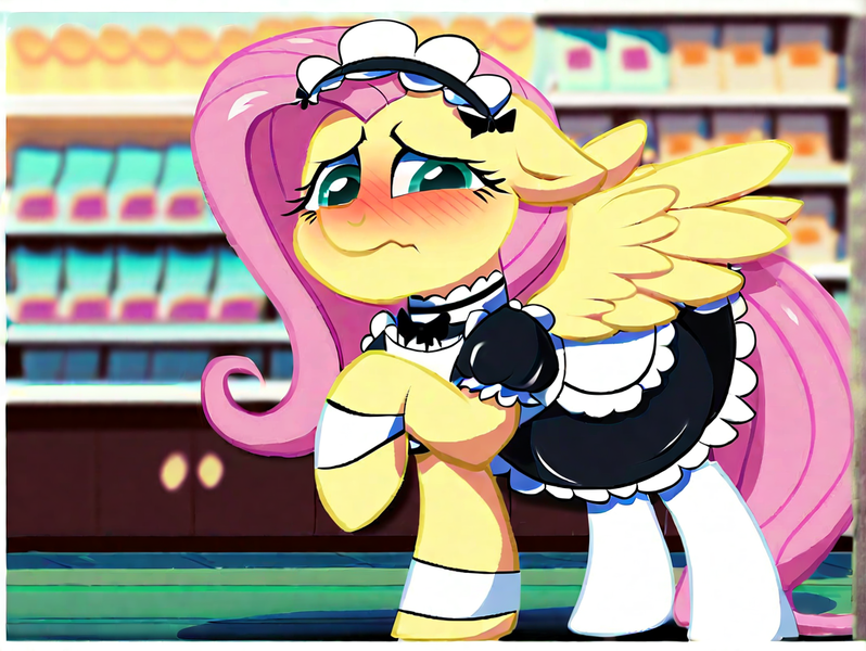 Size: 1064x800 | Tagged: safe, ai content, derpibooru import, machine learning generated, prompter:darkfire681, stable diffusion, fluttershy, pegasus, pony, g4, blushing, clothes, detailed background, embarrassed, fluttermaid, french maid, generator:pony diffusion v6 xl, image, maid, png, solo