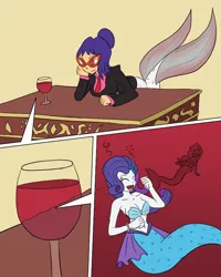 Size: 640x800 | Tagged: safe, artist:mythkaz, derpibooru import, rarity, oc, mermaid, equestria girls, g4, alcohol, desk, drunk, drunk rarity, glass, image, mermaid oc, mermaidized, mermay, micro, patreon, patreon reward, png, requested art, shrunken, simple background, smiling, species swap, swimming, watching, wine, wine glass, yellow background