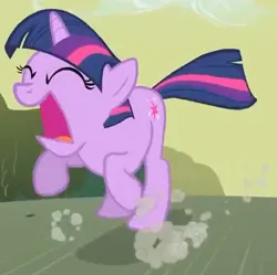 Size: 458x456 | Tagged: safe, derpibooru import, screencap, twilight sparkle, pony, unicorn, feeling pinkie keen, g4, season 1, cropped, female, froggy bottom bog, horn, image, jpeg, mare, running, screaming, solo, unicorn twilight, youtube link