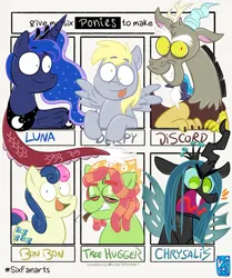 Size: 1687x2015 | Tagged: safe, artist:brusuky2, derpibooru import, bon bon, derpy hooves, discord, princess luna, queen chrysalis, sweetie drops, tree hugger, alicorn, changeling, changeling queen, draconequus, earth pony, pegasus, pony, six fanarts, g4, big eyes, blunt, fangs, female, glazed eyes, high, image, jpeg, red eyes