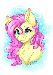 Size: 1280x1810 | Tagged: safe, artist:delfinaluther, derpibooru import, fluttershy, pegasus, pony, g4, angel, blue eyes, blushing, bust, cheek fluff, chest fluff, cute, ear fluff, female, halo, head, heart eyes, image, jpeg, looking at you, mare, portrait, shyabetes, smiling, solo, stray strand, three quarter view, wingding eyes