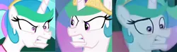 Size: 2048x603 | Tagged: safe, derpibooru import, edit, edited screencap, screencap, princess celestia, alicorn, pony, between dark and dawn, g4, the ending of the end, alternate hairstyle, angry, comparison, gritted teeth, image, jpeg, scared, scaredlestia, teeth