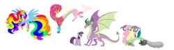 Size: 4616x1336 | Tagged: safe, artist:alpha-power, derpibooru import, fluttershy, pinkie pie, rainbow dash, spike, twilight sparkle, twilight sparkle (alicorn), alicorn, draconequus, dragon, pony, g4, alicornified, cutie mark on non-pony, draconequified, flutterequus, image, older, older spike, pinkonequus, png, race swap, rainbowcorn, simple background, species swap, white background, winged spike, wings