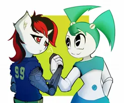 Size: 1517x1254 | Tagged: safe, artist:mistleinn, derpibooru import, oc, oc:blackjack, anthro, cyborg, pony, robot, unicorn, fallout equestria, fallout equestria: project horizons, amputee, clothes, crossover, duo, fanfic art, female, horn, image, jenny wakeman, jpeg, jumpsuit, mare, my life as a teenage robot, prosthetic limb, prosthetics, simple background, small horn, vault suit