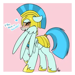 Size: 900x900 | Tagged: safe, artist:ponynamedmixtape, derpibooru import, pegasus, pony, g4, armor, bashful, blushing, dialogue, female, guardian angel (g4), guardsmare, heart, heart eyes, helmet, hiding behind wing, image, looking at you, mare, open mouth, open smile, pegasus royal guard, pink background, png, royal guard, royal guard armor, simple background, smiling, solo, transparent background, wingding eyes, wings