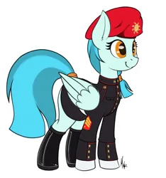 Size: 1470x1569 | Tagged: safe, alternate version, artist:ponynamedmixtape, derpibooru import, pegasus, pony, g4, beret, boots, clothes, female, formal wear, gloves, guardian angel (g4), guardsmare, hat, image, mare, military, military uniform, png, royal guard, shoes, simple background, solo, tail, tail wrap, transparent background, uniform