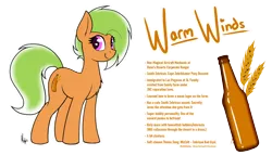 Size: 1400x800 | Tagged: safe, artist:ponynamedmixtape, derpibooru import, oc, oc:warm winds, unofficial characters only, earth pony, pony, female, image, lore, png, reference sheet, simple background, solo, text, transparent background