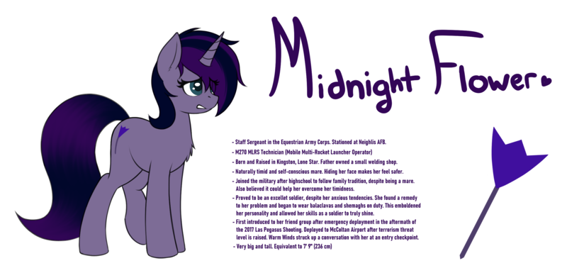 Size: 2637x1269 | Tagged: safe, artist:ponynamedmixtape, derpibooru import, oc, oc:midnight flower, unofficial characters only, pony, unicorn, female, image, lore, png, reference sheet, shy, simple background, solo, transparent background