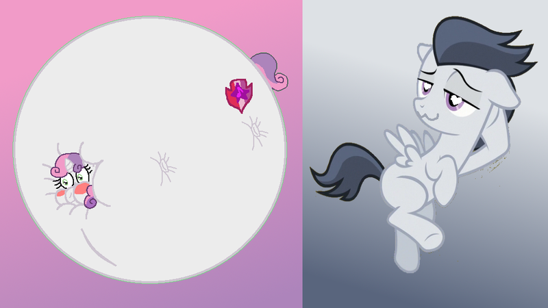 Size: 1000x563 | Tagged: questionable, artist:theinflater19, derpibooru import, edit, rumble, sweetie belle, comic:the crusade in heliums, g4, blushing, body inflation, female, heart eyes, image, inflation, male, png, puffy cheeks, room, ship:rumbelle, shipping, shipping domino, solo, spherical inflation, straight, sweeite belle, sweetie belloon, wingding eyes