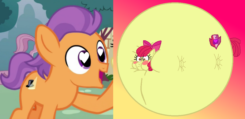 Size: 1050x511 | Tagged: questionable, artist:theinflater19, derpibooru import, edit, edited screencap, screencap, apple bloom, tender taps, earth pony, pony, comic:the crusade in heliums, g4, on your marks, apple bloon, blushing, body inflation, female, heart eyes, image, inflation, male, png, puffy cheeks, shipping, shipping domino, solo, spherical inflation, straight, tenderbloom, wingding eyes