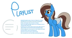 Size: 3200x1700 | Tagged: safe, artist:ponynamedmixtape, derpibooru import, oc, oc:playlist, unofficial characters only, pegasus, pony, female, image, lore, png, reference sheet, simple background, solo, text, transparent background