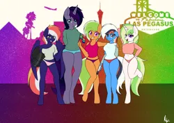 Size: 4800x3400 | Tagged: suggestive, artist:ponynamedmixtape, derpibooru import, oc, oc:araceli chrysanthemum, oc:keylime curio, oc:midnight flower, oc:midnight gambit, oc:warm winds, anthro, earth pony, pegasus, unguligrade anthro, unicorn, breasts, clothes, female, females only, flag, group photo, gun, helmet, image, las pegasus, las vegas, motorcycle helmet, panties, png, underwear, weapon