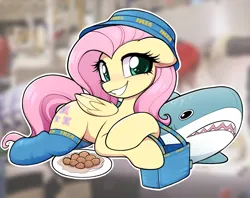 Size: 1956x1548 | Tagged: safe, artist:moozua, derpibooru import, fluttershy, pegasus, pony, shark, g4, berrytube, blurry background, blåhaj, clothes, cute, female, folded wings, hat, ikea, ikea bag, image, looking at you, lying down, mare, meatball, plushie, png, prone, shark plushie, shyabetes, smiling, smiling at you, socks, solo, stockings, thigh highs, wings