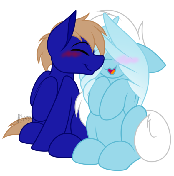 Size: 769x781 | Tagged: safe, artist:feather_bloom, derpibooru import, oc, oc:blueskies, oc:feather bloom(fb), oc:featherbloom, earth pony, pegasus, pony, :3, blushing, boop, couple, covering face, duo, image, noseboop, png, simple background, transparent background, wings