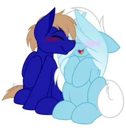 Size: 769x781 | Tagged: safe, artist:feather_bloom, derpibooru import, oc, oc:blueskies, oc:feather bloom(fb), oc:featherbloom, earth pony, pegasus, pony, :3, blushing, boop, couple, covering face, duo, image, noseboop, png, simple background, transparent background, wings