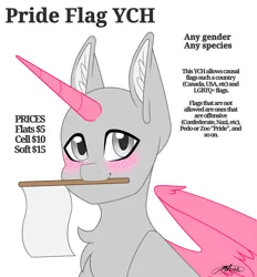 Size: 1266x1367 | Tagged: safe, artist:melodytheartpony, derpibooru import, pony, any gender, any race, any species, blushing, commission, flag, happy, image, png, pride, pride month, pride ponies, smiling, solo, your character here