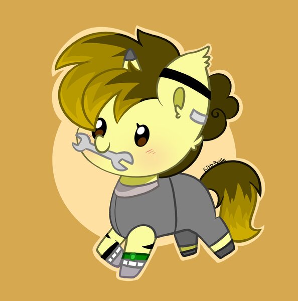 Size: 3104x3136 | Tagged: safe, artist:kittyrosie, derpibooru import, oc, unofficial characters only, earth pony, pony, blushing, chibi, clothes, cute, earth pony oc, high res, image, jpeg, mouth hold, ocbetes, safety goggles, simple background, solo, wrench