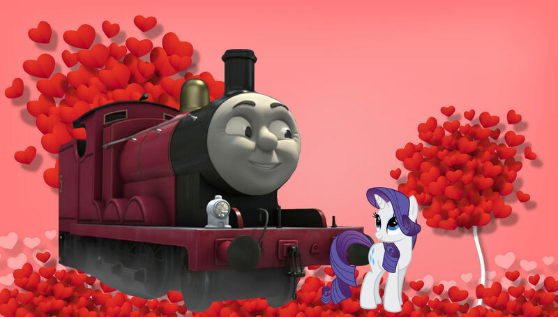 Size: 1280x726 | Tagged: safe, artist:princessedith568, derpibooru import, rarity, pony, unicorn, g4, crack shipping, crossover, crossover shipping, duo, duo male and female, female, heart, heart background, image, james the red engine, jamity, jpeg, male, mare, shipping, thomas and friends