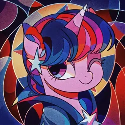 Size: 1600x1600 | Tagged: safe, artist:tkotu434, derpibooru import, twilight sparkle, pony, unicorn, abstract background, bust, clothes, dress, female, horn, image, jpeg, looking at you, mare, one eye closed, portrait, smiling, smiling at you, solo, wink