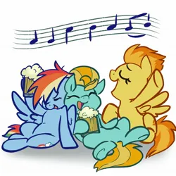 Size: 2048x2048 | Tagged: safe, artist:pfeffaroo, derpibooru import, lightning dust, rainbow dash, spitfire, pegasus, pony, g4, alcohol, chibi, cider, cider dash, cider mug, commission, cuddling, cute, dashabetes, dustabetes, eyes closed, female, high res, image, jpeg, mare, mug, music notes, open mouth, simple background, singing, smiling, spread wings, trio, white background, wings