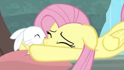 Size: 3840x2160 | Tagged: safe, derpibooru import, screencap, angel bunny, fluttershy, earth pony, pegasus, pony, rabbit, g4, season 9, she talks to angel, spoiler:s09, 4k, animal, cute, duo, eyes closed, female, high res, hug, image, male, mare, pillow, png