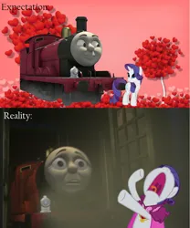 Size: 1281x1536 | Tagged: safe, artist:princessedith568, derpibooru import, edit, rarity, pony, unicorn, g4, crack shipping, crossover, crossover shipping, duo, duo male and female, expectation vs reality, female, image, james the red engine, jamity, male, mare, op is trying to be funny, op isn't even trying anymore, png, reality ensues, scared, screaming, shipping, thomas and friends, thomas the tank engine