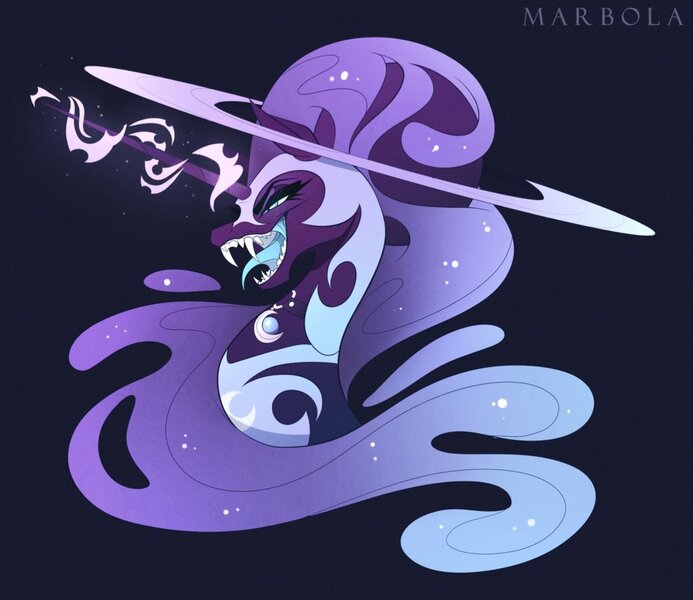 Size: 1024x886 | Tagged: safe, artist:marbola, derpibooru import, nightmare moon, alicorn, pony, g4, alternate design, black hole, fangs, horn, image, jpeg, long horn, open mouth, profile, solo, tongue out