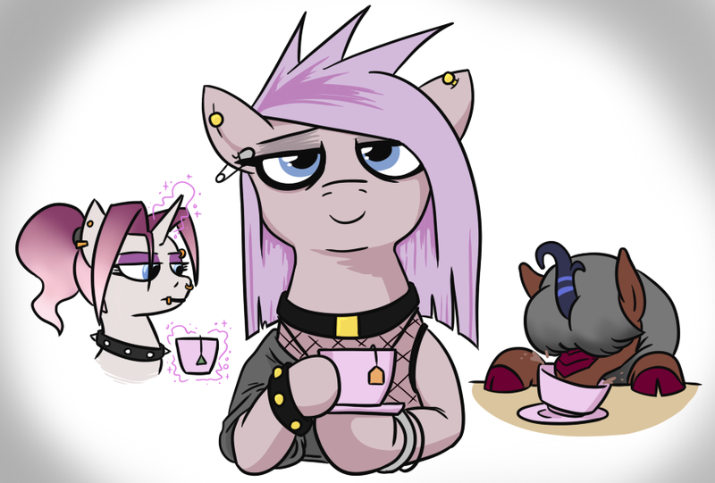 Size: 882x597 | Tagged: safe, artist:jargon scott, derpibooru import, oc, oc:claire, oc:kaumaha ekahi, oc:nada phase, unofficial characters only, earth pony, kirin, pony, unicorn, bomb ass tea, bust, choker, cup, drinking, ear piercing, earring, eyebrow piercing, female, fishnets, goth, hair over eyes, image, jewelry, kirin oc, levitation, lip piercing, looking at you, magic, mare, nose piercing, nose ring, piercing, png, smiling, smiling at you, spiked choker, studded bracelet, teacup, telekinesis, trio