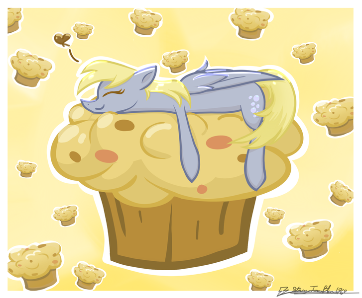 Size: 2899x2391 | Tagged: safe, artist:staceyld636, derpibooru import, derpy hooves, pegasus, pony, g4, spoiler:comic, cute, daaaaaaaaaaaw, derpabetes, eyes closed, food, happy, heart, high res, hug, image, muffin, png, smiling, solo