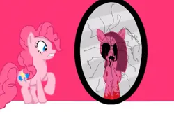 Size: 780x507 | Tagged: grimdark, derpibooru import, pinkie pie, earth pony, pony, g4, black goo, black sclera, blood, broken mirror, cracks, female, image, jpeg, mare, mirror, pinkamena diane pie, raised hoof, scared, self paradox, self ponidox, shocked, this will end in cupcakes, zalgo, zalgo pie