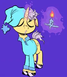 Size: 1706x1952 | Tagged: safe, artist:swagstapiece, derpibooru import, oc, unnamed oc, unofficial characters only, pony, unicorn, blue background, candle, clothes, drool, eyes closed, hat, image, jpeg, levitation, magic, nightcap, nightshirt, simple background, solo, telekinesis, tired, unshorn fetlocks