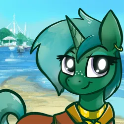 Size: 2048x2048 | Tagged: safe, artist:pfeffaroo, derpibooru import, oc, oc:ion trail, unofficial characters only, pony, unicorn, boat, bust, clothes, ear piercing, earring, eyeshadow, female, freckles, gradient mane, high res, image, jewelry, jpeg, looking up, makeup, mare, piercing, portrait, robe, shore, smiling, smirk, solo