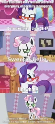 Size: 1280x2880 | Tagged: safe, artist:niggerfaggot, derpibooru import, edit, edited screencap, screencap, rarity, sweetie belle, pony, robot, robot pony, unicorn, g4, annoyed, comic, female, filly, foal, glasses, image, jenny wakeman, mare, my life as a teenage robot, nora wakeman, png, rarity's glasses, screencap comic, sweetie bot