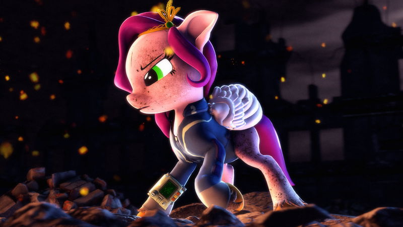 Size: 3840x2160 | Tagged: safe, artist:psfmer, derpibooru import, pipp petals, pegasus, pony, fallout equestria, g4, g5, 3d, clothes, cosplay, costume, crossover, dirty, female, high res, image, jumpsuit, mare, name pun, pipbuck, png, pun, solo, source filmmaker, vault suit, visual pun