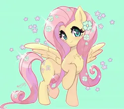 Size: 4000x3540 | Tagged: safe, artist:nin10ja, derpibooru import, fluttershy, pegasus, pony, g4, chest fluff, cute, female, flower, flower in hair, green background, heart eyes, image, jpeg, looking at you, mare, shyabetes, signature, simple background, solo, wingding eyes