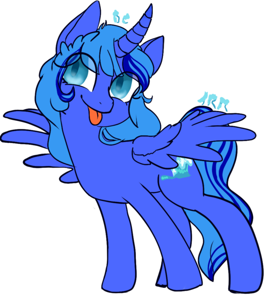 Size: 921x1037 | Tagged: safe, artist:trr_bc, derpibooru import, oc, oc:wave oceana, unofficial characters only, alicorn, pony, curved horn, happy, horn, image, png, simple background, smiling, solo, spread wings, tongue out, transparent background, wings