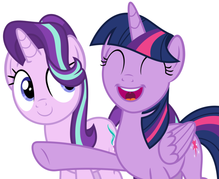 Size: 2713x2228 | Tagged: safe, artist:sketchmcreations, derpibooru import, starlight glimmer, twilight sparkle, twilight sparkle (alicorn), alicorn, pony, unicorn, g4, sparkle's seven, duo, eyes closed, female, high res, image, looking at someone, mare, open mouth, png, raised hoof, simple background, smiling, transparent background, vector