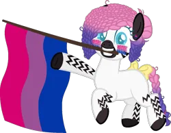 Size: 1157x897 | Tagged: safe, alternate version, artist:icey-wicey-1517, derpibooru import, oc, oc:zuri sambo, unofficial characters only, zebra, bisexual pride flag, bow, braided tail, commission, cute, ear piercing, earring, face paint, grin, image, jewelry, mouth hold, piercing, png, pride, pride flag, pride month, raised hoof, raised leg, simple background, smiling, solo, tail, tail bow, transparent background, ych result, zebra oc