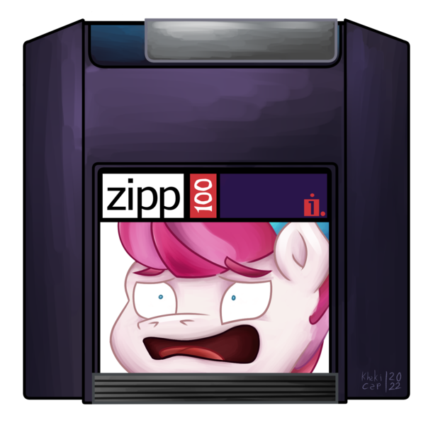 Size: 1700x1670 | Tagged: safe, artist:khaki-cap, derpibooru import, zipp storm, pegasus, pony, g5, my little pony: a new generation, digital art, eyebrows, funny, image, iomega zip, logo, logo parody, name pun, open mouth, png, pun, raised eyebrows, scared, screaming, signature, simple background, stuck, technology, text, transparent background, zip disk