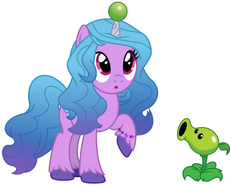 Size: 1024x821 | Tagged: safe, artist:emeraldblast63, derpibooru import, izzy moonbow, pony, unicorn, g4, g5, crossover, cute, food, g5 to g4, generation leap, horn, horn impalement, image, izzy impaling things, pea, peashooter, plant, plants vs zombies, png, raised hoof, simple background, transparent background