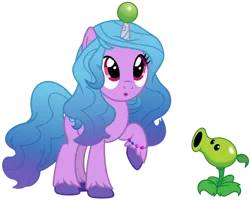 Size: 1024x821 | Tagged: safe, artist:emeraldblast63, derpibooru import, izzy moonbow, pony, unicorn, g4, g5, crossover, cute, food, g5 to g4, generation leap, horn, horn impalement, image, izzy impaling things, pea, peashooter, plant, plants vs zombies, png, raised hoof, simple background, transparent background