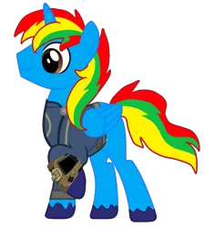 Size: 1214x1348 | Tagged: safe, artist:php170, derpibooru import, oc, oc:shield wing, unofficial characters only, alicorn, pony, fallout equestria, clothes, fallout, horn, image, jumpsuit, male, pipboy, png, ponytail, simple background, smiling, solo, stallion, tail, transparent background, vault suit, vector, wings