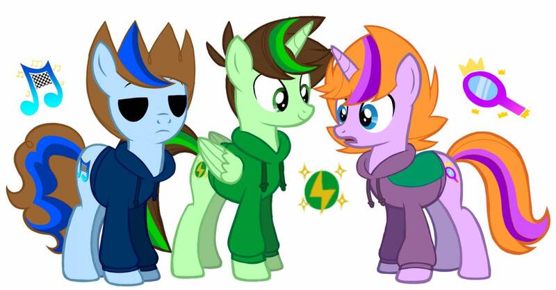 Size: 1378x720 | Tagged: safe, artist:tom-x-dajimi, derpibooru import, ponified, alicorn, earth pony, pony, unicorn, clothes, crossover, edd gould (eddsworld), eddsworld, electricity, hoodie, horn, image, jpeg, magnifying glass, matt (eddsworld), music notes, simple background, smiling, tom (eddsworld), white background, wings