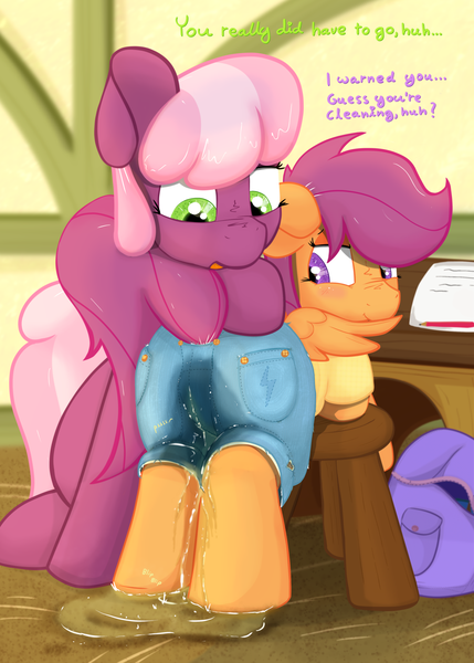 Size: 1544x2160 | Tagged: questionable, artist:not_texmex, derpibooru import, cheerilee, scootaloo, earth pony, pegasus, pony, g4, bag, blushing, butt, clothes, denim shorts, derpibooru exclusive, desk, dialogue, female, fetish, filly, foal, image, leaning, mare, pissing, plot, png, ponyville schoolhouse, saddle bag, shorts, urine, watersports, wetting